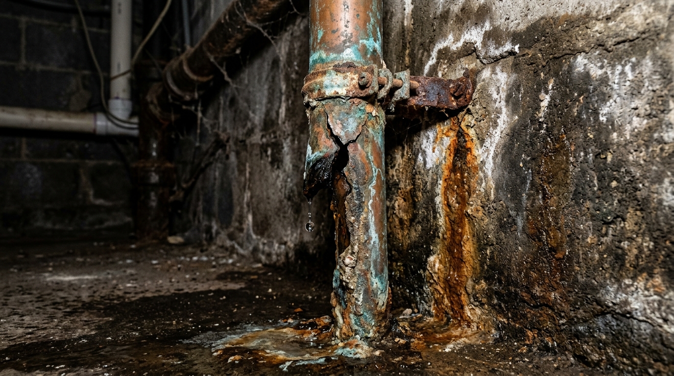 Corroded Galvanized Water Pipe Leak Before Replacement